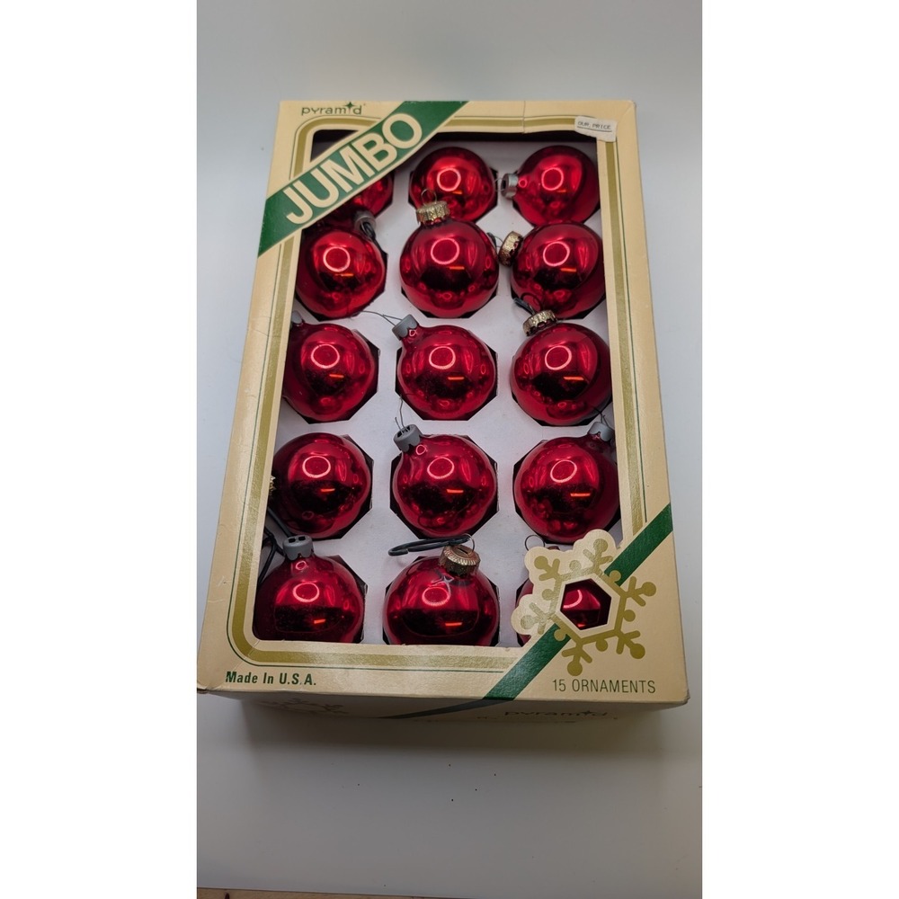 Vtg Box 15 Red Glass Pyramid Christmas‎ Tree Ornaments Boxed 2 Inch Retro USA